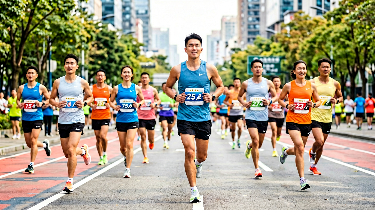 v66体育全民健身板块，城市跑步爱好者参与马拉松活动的场景